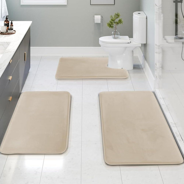 Clara Clark 3 Piece Bathroom Rugs Bath Mat Set, Velvet Memory Foam Bath Mats for Bathroom - Non-Slip, PVC Backing Bath Rugs, Washable Bathroom Rug Mats - Dries Quickly
