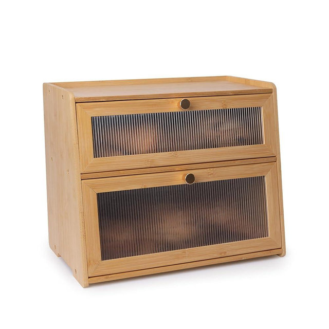 Rose and burlap Bamboo Bread Box 2 Tiered for Kitchen Counter-Large Capacity Wood Bread Basket Storage Container Bread Box with Window Bread Holder with Shelf Vitamin Bottle Storage