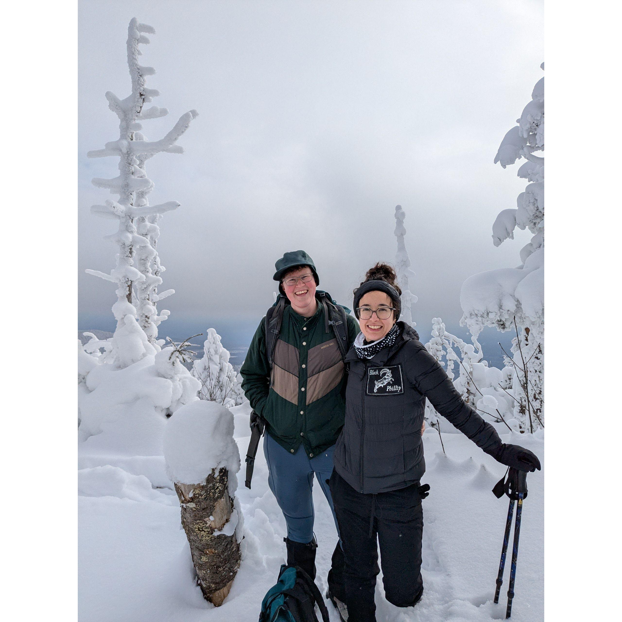 Working on the 48 4,000-footers in the White Mountains in NH! On top of Wambeck. Not pictured: all the grey jays we fed out of our hands, and the one that pooped on Katie.