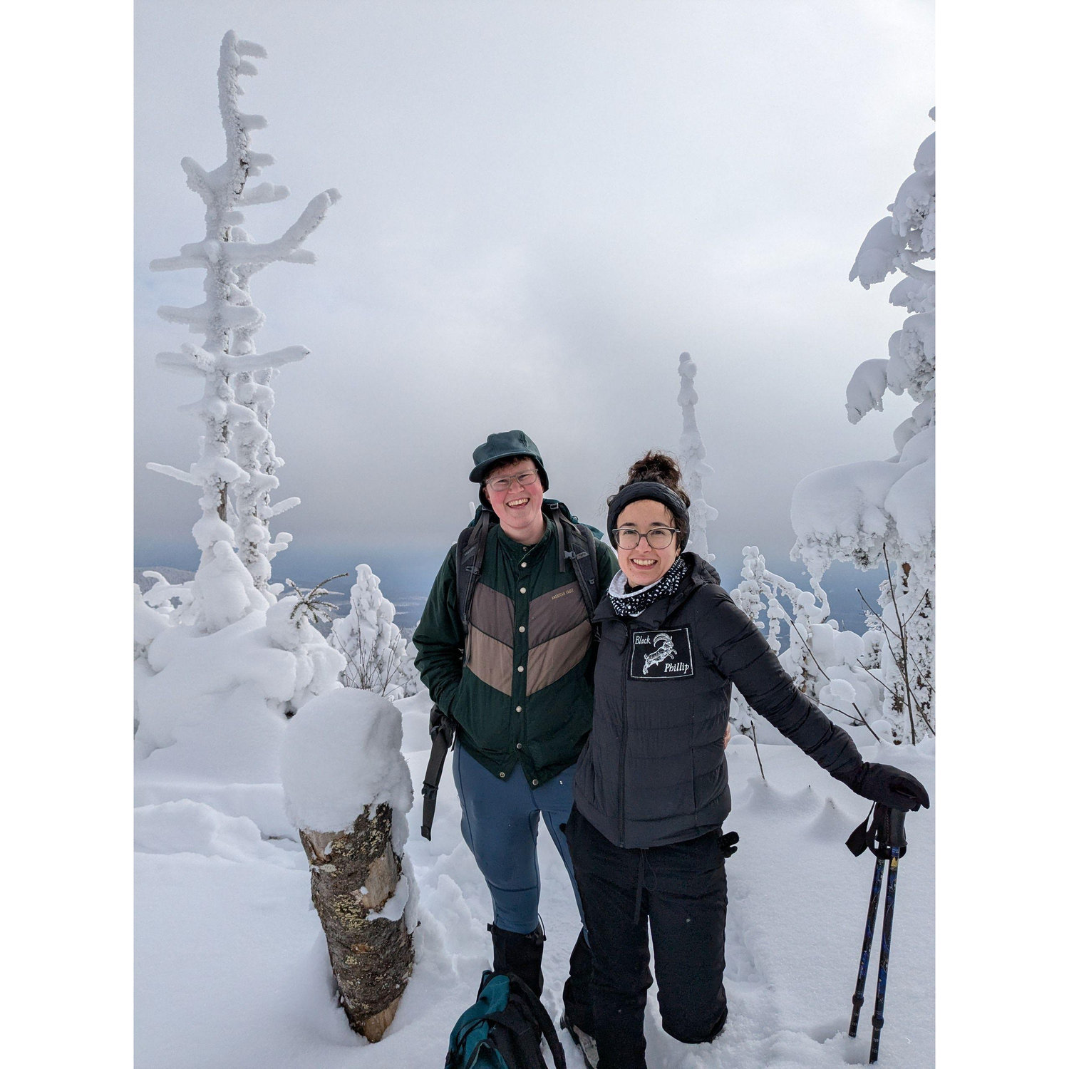 Working on the 48 4,000-footers in the White Mountains in NH! On top of Wambeck. Not pictured: all the grey jays we fed out of our hands, and the one that pooped on Katie.