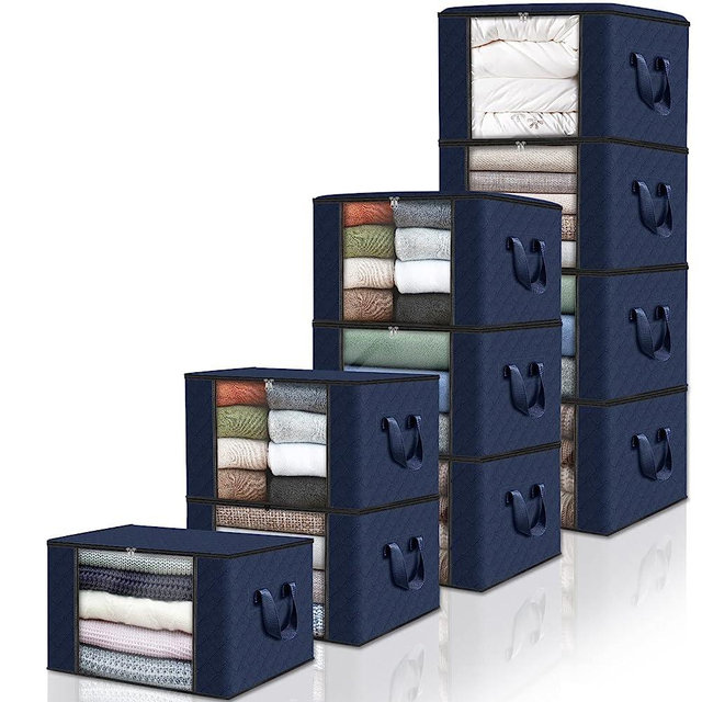 Fab totes 10 Pack Clothes Storage, Foldable Blanket Storage Bags, Storage Containers for Organizing Bedroom, Closet, Clothing, Comforter, Organization and Storage with Lids and Handle, Blue
