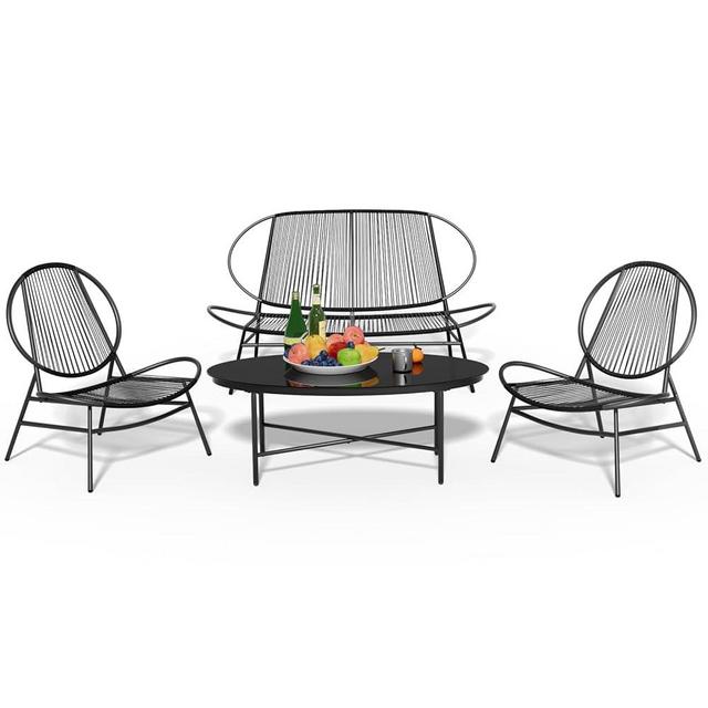 JEAREY 4 Piece Outdoor Patio Furniture Set with Woven Rope, Conversation Patio Set with Tempered Glass Table, All Weather Patio Bistro Set for Patio, Lawn, Garden, Backyard (Black)