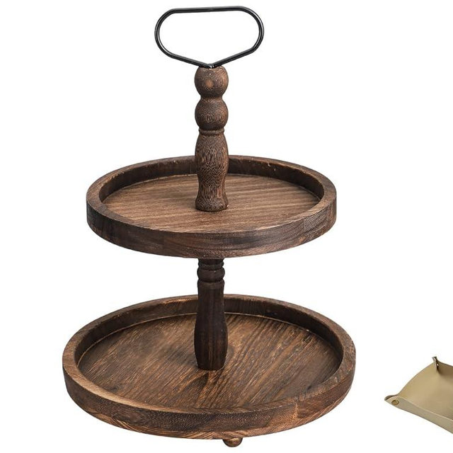 Farmhouse Wooden Decorative Two Tiered Trays+ Pu Leather Tray,Wood 2 Tier Serving Tray Stand for Rustic Table Centerpiece,Kitchen Decor,Coffee Bar, or Cupcake Stand (Brown)