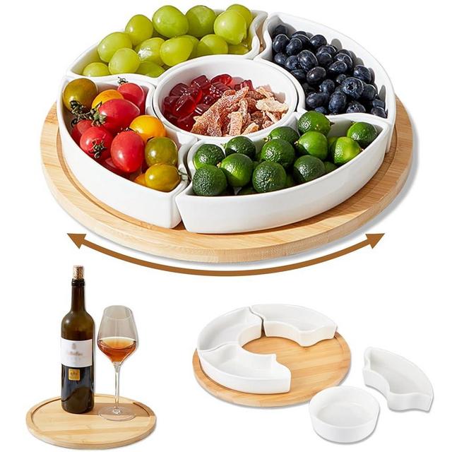 Rotatable Divided Serving Dishes Trays, Lazy Susan Serving Tray Snacks Bowls for Party, Ideal Porcelain Appetizer Serving Tray for Chips and Dip, Veggies, Candy and Tacos