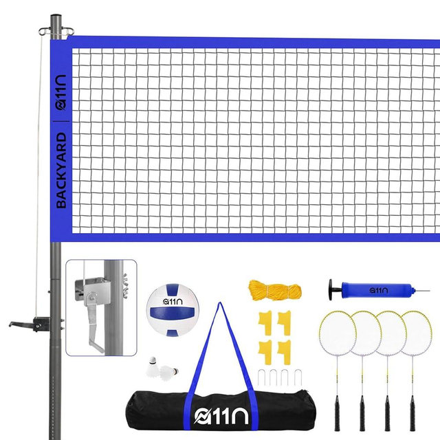 A11N Outdoor Volleyball and Badminton Combo Set - Includes Adjustable Height Anti-Sag Net, Volleyball, Air Pump, 4 Badminton Rackets, 2 Shuttlecocks, Boundary Line Marker, and Carrying Bag
