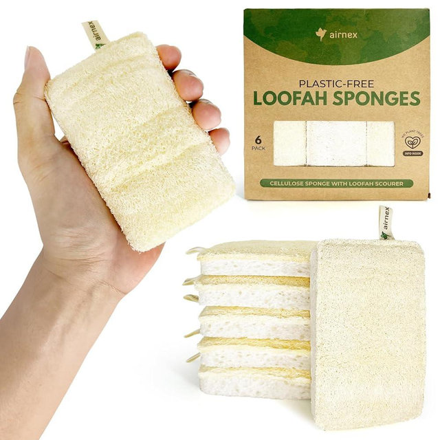 AIRNEX Natural Loofah Sponges for Dishes Pack of 6 - Compostable and Cellulose Kitchen Loofah - Plastic Free Dish Sponges Kitchen with Cotton Hanging Loop
