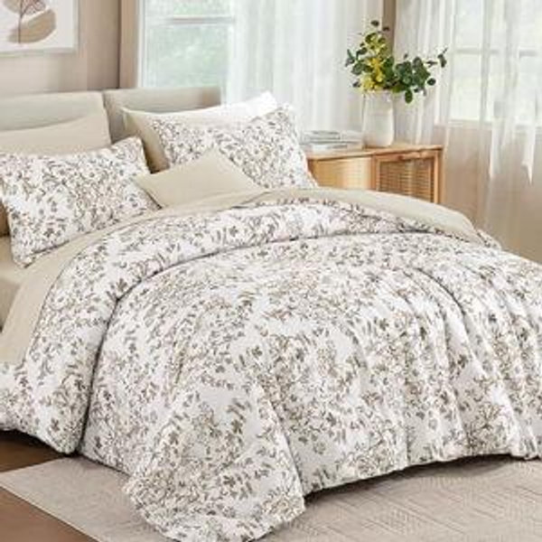 WONGS BEDDING Comforter Set King Size, 8 Pieces Brown Floral Botanical Comforter Sets, Bed in a Bag Soft Lightweight Microfiber Bedding Sets for All Seasons (90"x104")