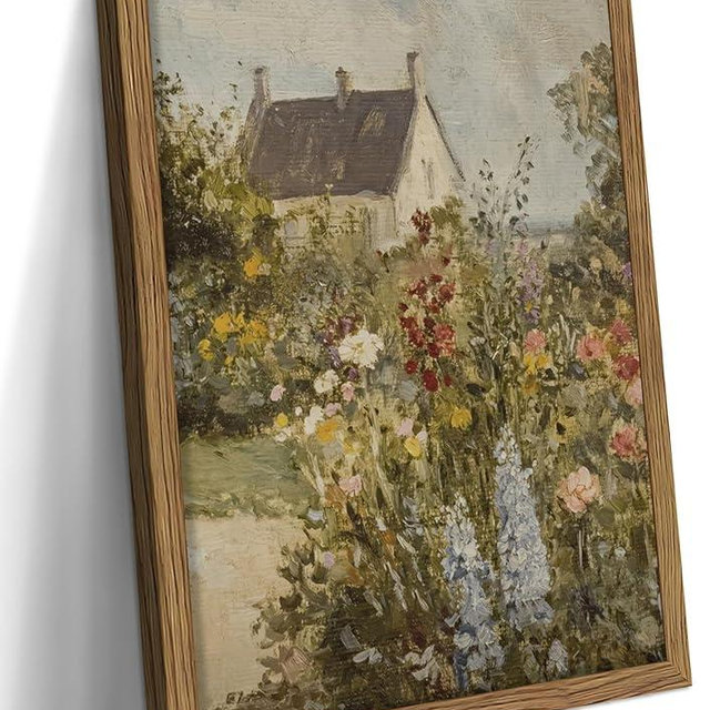 Vintage French Country Cottage Framed Canvas Wall Art – Impressionist Flower Garden Oil Painting Print, Rustic Floral Landscape Decor for Living Room Bedroom Nursery Office 12x16 inch