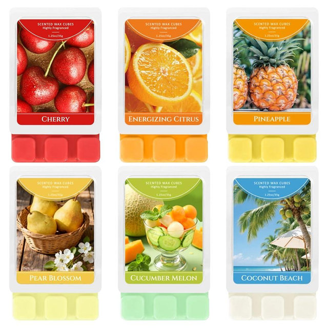 SCENTORINI Wax Melts, Scented Wax Cubes for Wax Warmers, Spring Summer Scent, Coconut Beach, Pear Blossom, Cherry, Cucumber Melon, Pineapple, Energizing Citrus, 6 Pack