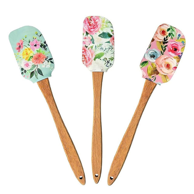 3PCS Floral Silicone Spatula Set with Wooden Handle, Non-Stick Rubber Baking Spatula,Flower Pattern Heat Resistant Cake Scraper Cream Spatulas,Cute Baking Supplies for Sauteing,Cooking and Mixing