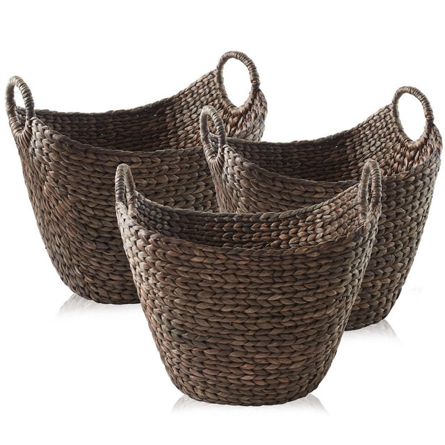 Casafield Set of 3 Water Hyacinth Boat Baskets with Handles - Espresso, Woven Storage Organizers for Blankets, Laundry, Bathroom, Bedroom, Living Room