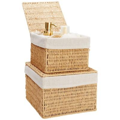 Juvale 2-Pack Wicker Shelf Baskets with Lids with Removable Cotton Fabric Liners, Rectangular Home Storage Bins for Hand Towels, Toiletries, 2 Sizes