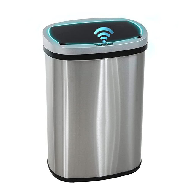 13 Gallon / 50 Liter Trash Can Stainless Steel Touchless Trash Bin Oval Shape Office Waste Bin for Kitchen Bathroom Bedroom Living Room with Lid Powered by Batteries (not Included)