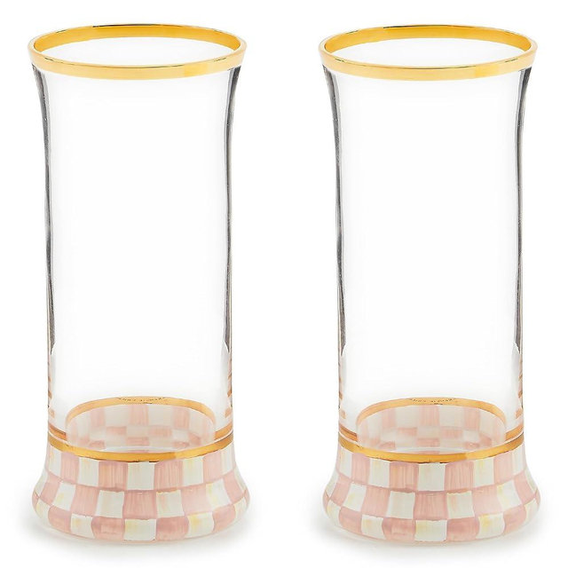 MACKENZIE-CHILDS Highball Glasses, Tall Drinking Glasses with Gold Rims, 15 Ounces, Set of 2, Pink-and-White Rosy Check