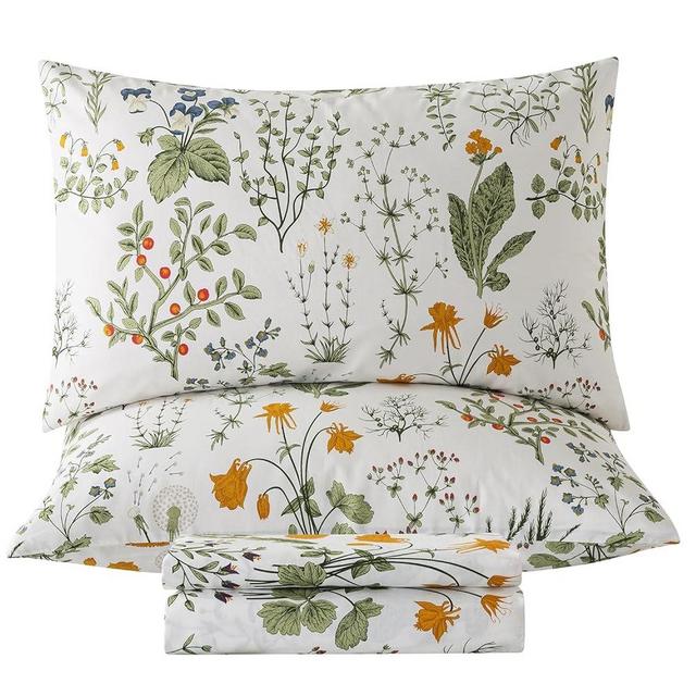Zusbest King Size Sheets 100% Percale Cotton Green Floral Bed Sheet Set Yellow Flower & Green Leaves Botanical Pattern Printed on White Garden Luxury Crisp Soft Deep Pocket Fitted Sheet 17.5'' 4Pcs