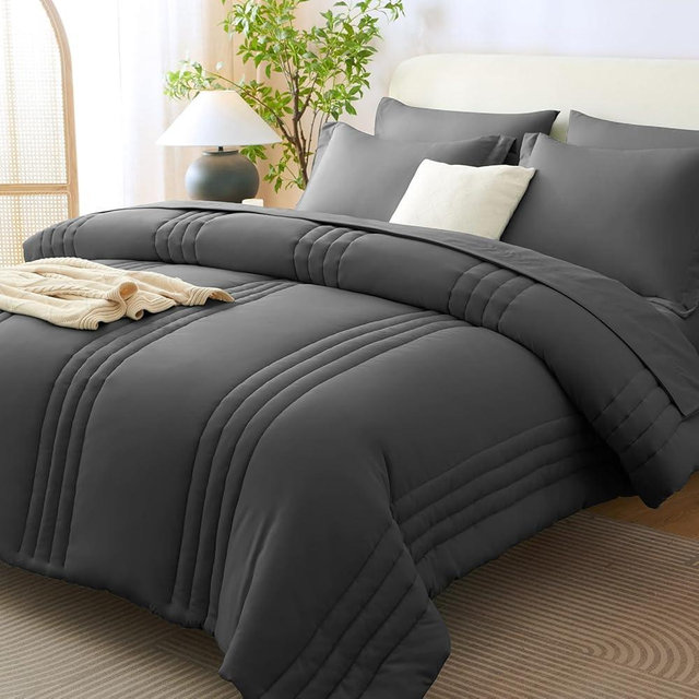 CozyLux Queen Size Comforter Sets - 7 Piece Bed in a Bag Dark Grey Comforter Set with Sheets Queen Bed Set All Seasons, Bedding Set with Down Alternative Comforter, Sheets, Pillowcases & Shams