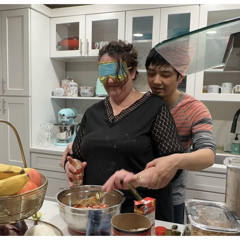 One of our adventure dates - cooking blind folded!