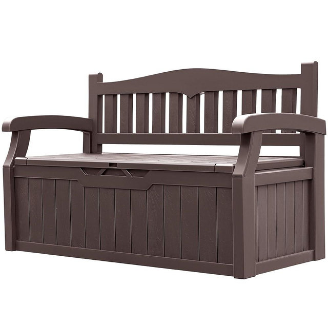 Greesum 80 Gallon Outdoor Storage Bench, Resin Patio Furniture with Armrest,Waterproof and Durable, Perfect to Garden, Poolside and Lawn, Brown
