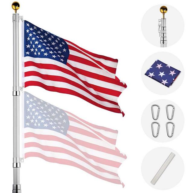 Yeshom 20ft Telescopic Aluminum Flag Pole Free 3'x5' US Flag & Ball Top Kit 16 Gauge Telescoping Flagpole Fly 2 Flags