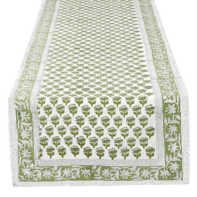 CPC Cotton Table Runner 16x90 Inch Block Printed Long Fall Table Runner for Dining Table, Card Table, Coffee Table, Wedding, Farmhouse & Outdoor Barbeque-Emerald Green