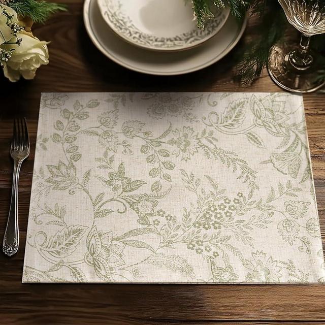 JINCHAN Linen Floral Fall Placemats Set of 4 Cloth Table Mats Rustic Cottagecore Botanical Outdoor Seasonal for Kitchen Dining Home Decor Holiday Non-Slip Washable Tablemats 13x19 Inch Green