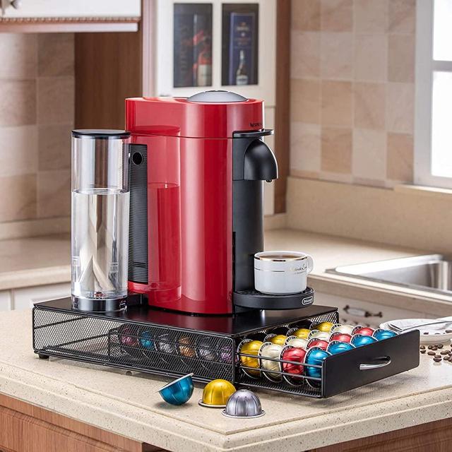 Coffee Pod Holder Storage Rack with Tempered Glass Nescafe Vertuo Capsules Capacity Organizer Drawer with Mesh Shelves for Nespresso Vertuoline Black Metal (Cast Iron)