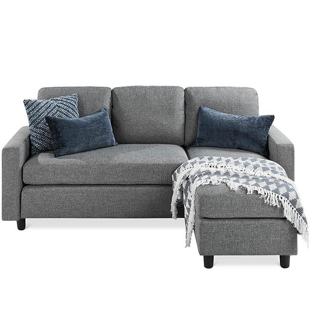Best Choice Products Linen Sectional Sofa for Home, Apartment, Dorm, Bonus Room, Compact Spaces w/Chaise Lounge, 3-Seat, L-Shape Design, Reversible Ottoman Bench, 680lb Capacity - Gray