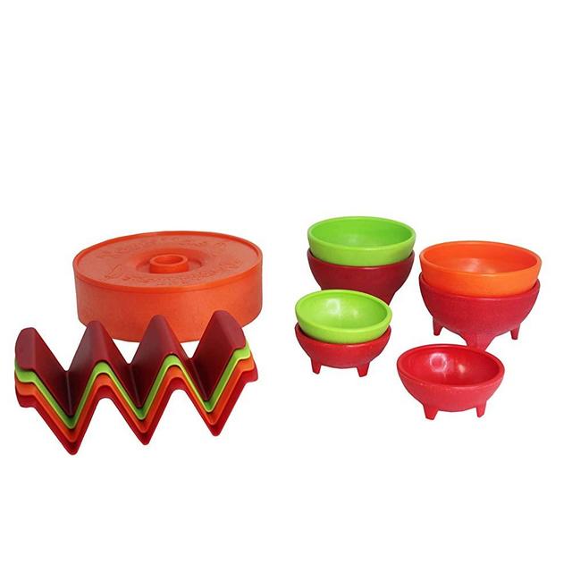 Imusa 12 Piece Taco Fiesta Set, Kit Includes (1) 8" Tortilla Warmer, (3) Small Salsa Dishes, (4) Large Salsa Dishes (4) Taco Holder Stands