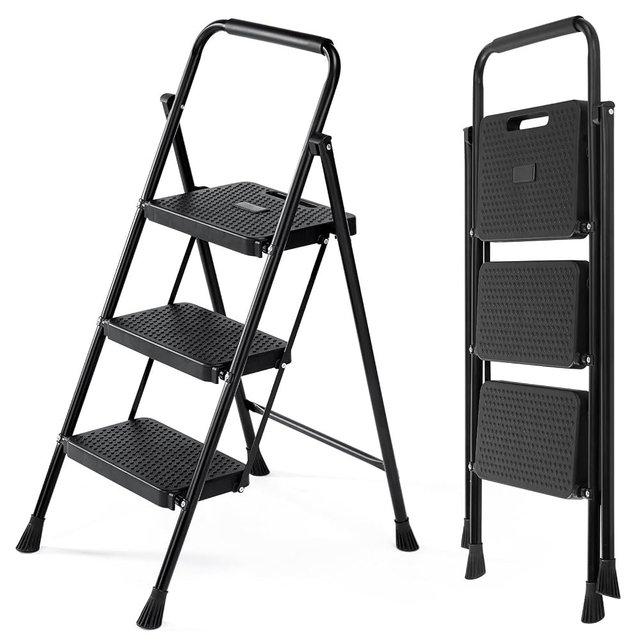 OLIXIS 3 Step Ladder, 800lbs Capacity Foldable Step Stool with Anti-Slip Pedal, Sturdy Steel Ladder & Comfortable Handrail, Protable Heavy Duty Step Stool for Kitchen, Garage, Outdoor Use - Black