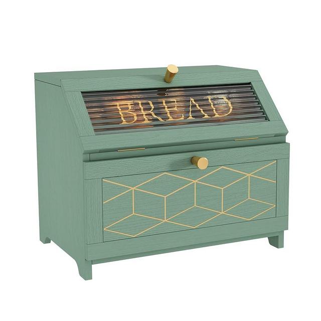 HOLTICO Double Layer Bread Box With Golden Trim for Countertop, Wooden Bread Container for Kitchen Counter, Corner Bread Storage (Green)