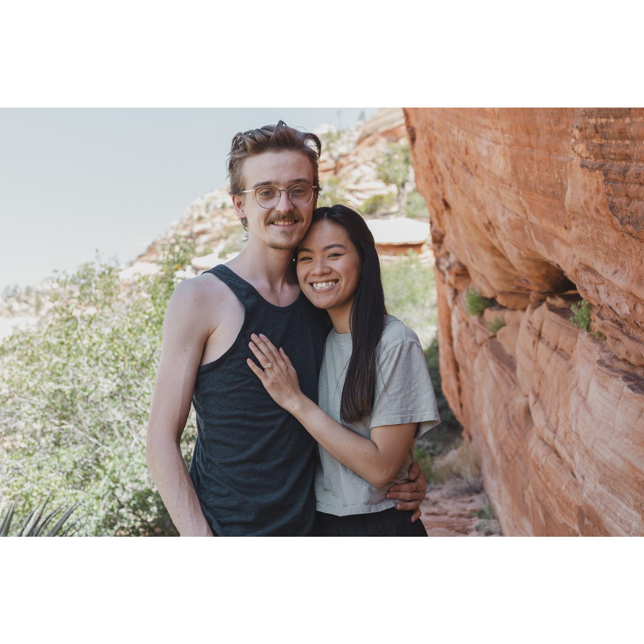 The moment after getting engaged at Zion National Park