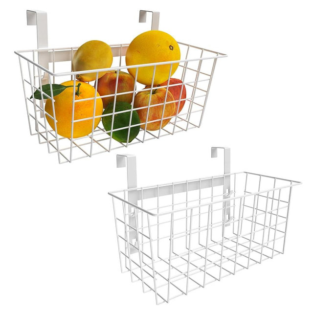 MaraFansie Basket with Hook, Grid Storage Basket, Over the Cabinet Door Organizer, Wire Hanging Basket with Hook Over the Railing, Under Sink Kitchen Cabinet, Pantry, Bathroom, White, 2 Pack