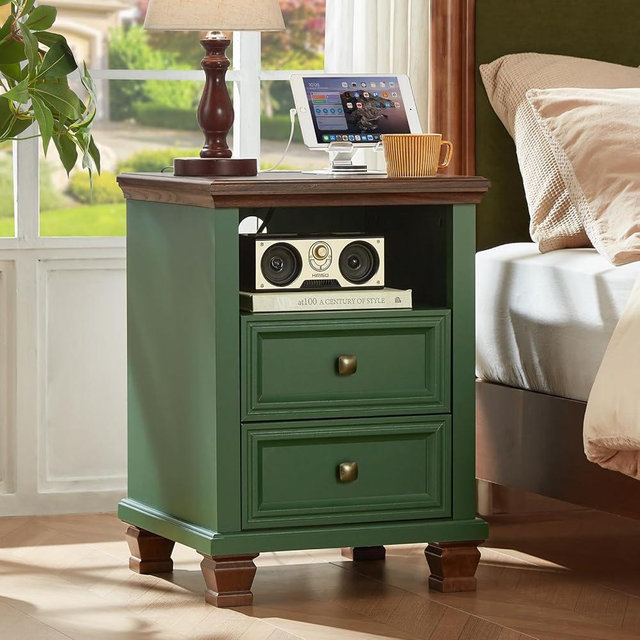 SAVOR LIFE Farmhouse Nightstand with Charging Station, Rustic Green Nightstand,2 Drawers End Table for Living Room,Bedside Table with Open Shelf for Bed Room,Green