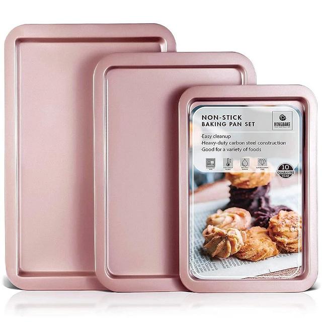 HONGBAKE Baking Sheet Pan Set, Cookie Sheet for Oven, Nonstick Bakeware Sets with Wider Grips, 3 Pack Half/Jelly Roll/Quarter Baking Tray, Premium, Dishwasher Safe-Pink