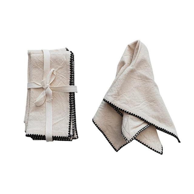 Creative Co-Op Modern Farmhouse Square Cotton Embroidered Trim, Natural and Black Napkin, Ivory