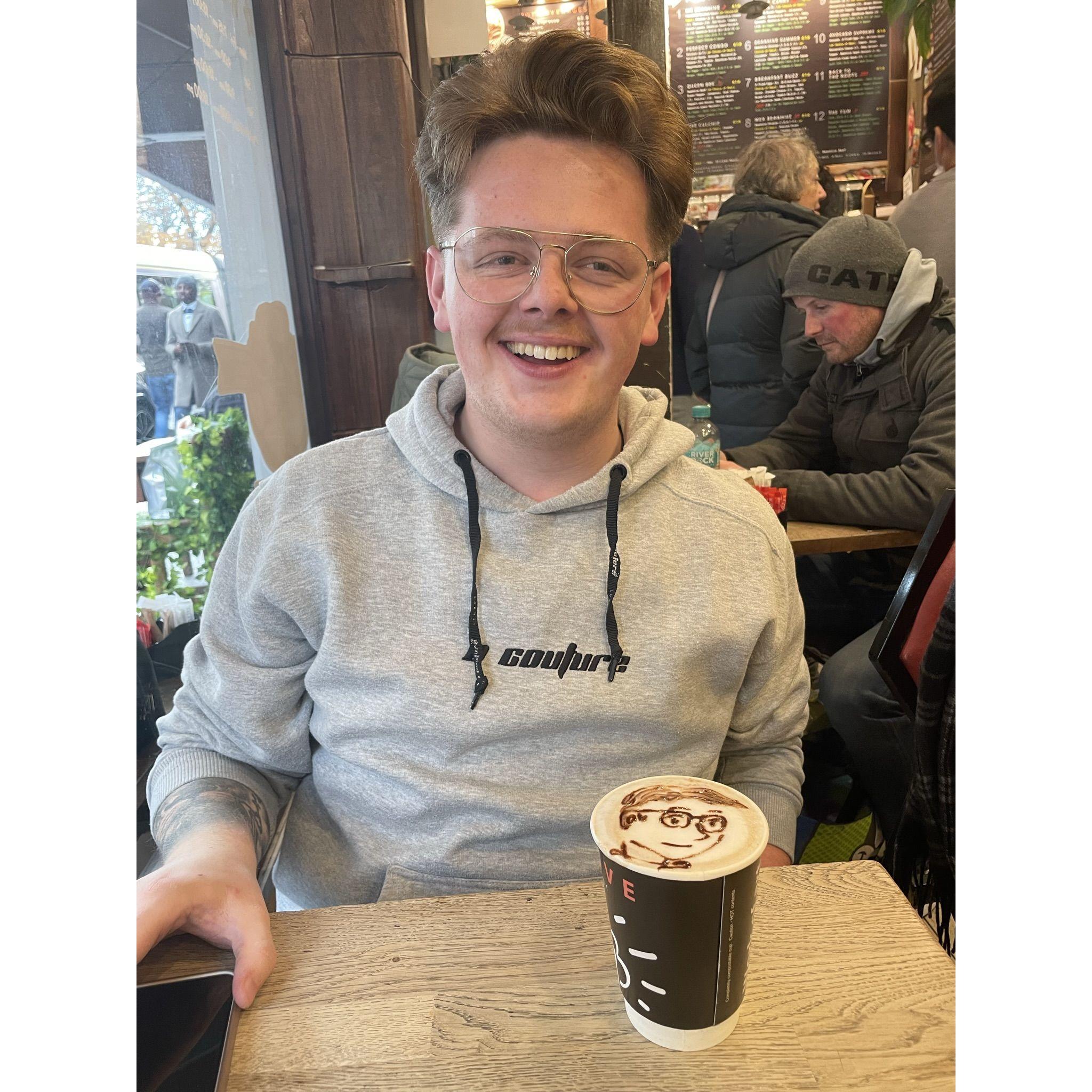 Dublin - the barista drew Tom in the foam!!