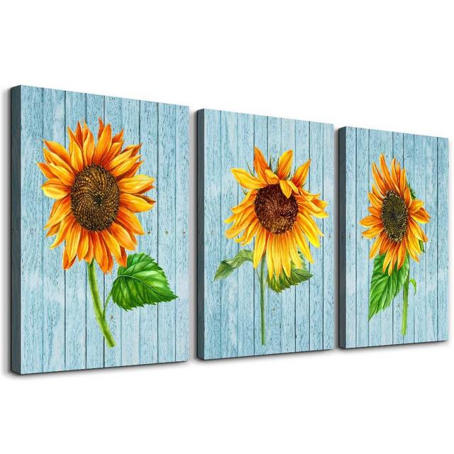 Yellow sunflower and Green leaves Wall Art for Bedroom Canvas Prints Artwork Bathroom Wall Decor Blue wood grain wall decorations for Living Room 3 Panels Pastoral scenery Home decoration painting