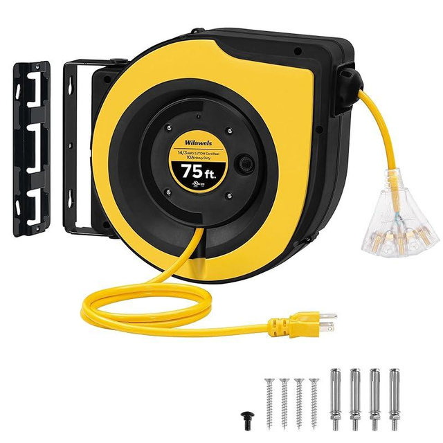 WILAWELS Retractable Cord Reel, 75 FT Heavy Duty Extension Cord, 14AWG/3C SJTOW, 3 Grounded Outlets Lighted Triple Tap, 10A Circuit Breaker, Wall/Ceiling Mounted, UL Listed, Yellow Y75CR06