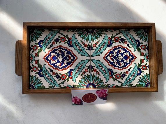 Armenian Turkish-Style Green 2-Tile Hand Painted Ceramic Tile Vintage Wooden Tray