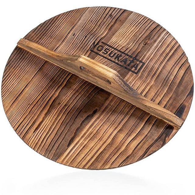 YOSUKATA Cast Iron Wok Cover - Premium Wok Cover 14 inch Pan Lid - Wooden Wok Lid 14 in with Ergonomic Handle - Condensate-free 14 inch Pan Lid - Durable Wok Accessories for Genuine Asian Cooking