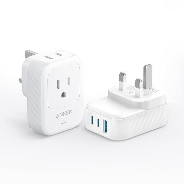 Anker (2Pack) USA International Plug Adapter, Travel Adapter, 15W Max with 2 AC, 2 USB-C & 1 USB-A Port, Ideal for iPhone 15, iPad Air & More, Compact for Travel, Cruise (TUV Listed) (Type G-UK)