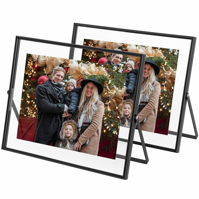 Qiannhee 8x10 Floating Frame (Horizontal), Black Picture Frame Hold 8x10in 6x8in 5x7in Photo for Tabletop Display, Gift Choice for Festival-Glass Metal Stand Frame (Black, 2 Pack)