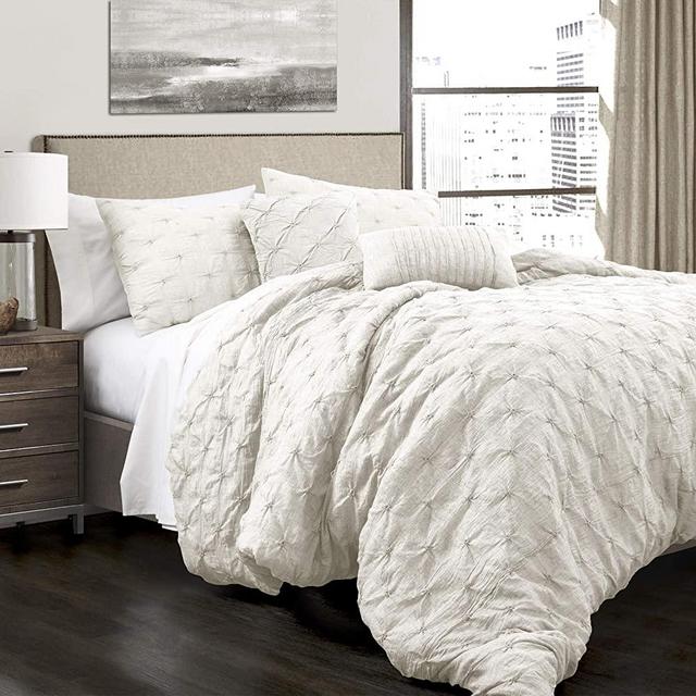 Lush Decor Ravello Shabby Chic Style Pintuck White 5 Piece Comforter Set with Pillow Shams Full/Queen