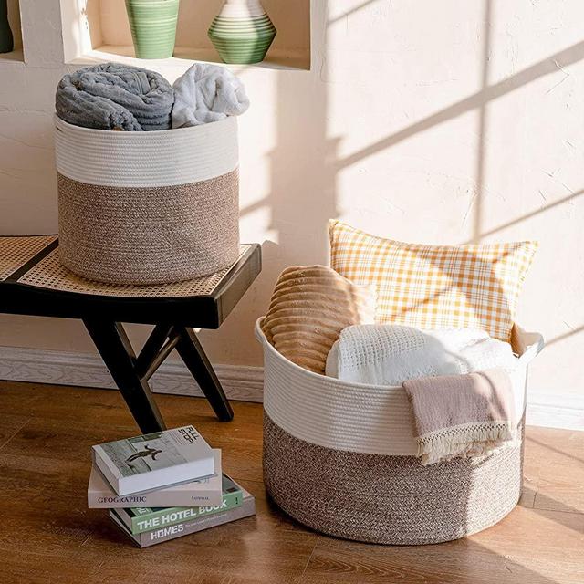 Large Linen Basket (Set of 2)-Woven Basket Laundry Hamper Clothes Storage Bin