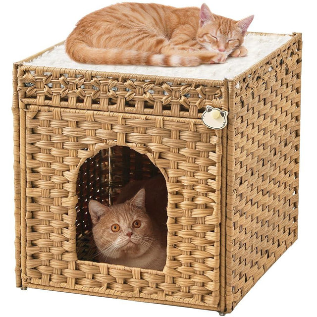 SETVSON Cat Beds for Indoor Cats Extra Large Double Cat Cave Pet Cube, Handwoven Rattan Cat Houses with Double-Sided Soft Cushions, 18.5 x 20.5 x 19.1 Inches Foldable Hideaway in Living Room Natural
