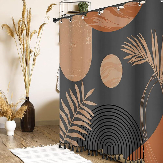 GiuMsi 72" x 78" Boho Mid Century Leaf Shower Curtain,Arch Sun Design,Minimalistic Leaves Pattern,Waterproof and Luxurious Chocolate Fabric-12 Hooks