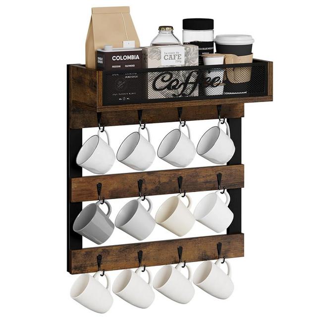 YINMIT Coffee Mug Holder Wall Mounted, 3-Tier Coffee Cup Rack with 12 Hooks, Rustic Wood Mug Organizer with Top Shelf, Coffee Bar Accessories Rack, Mug Display for Home Kitchen, Brown