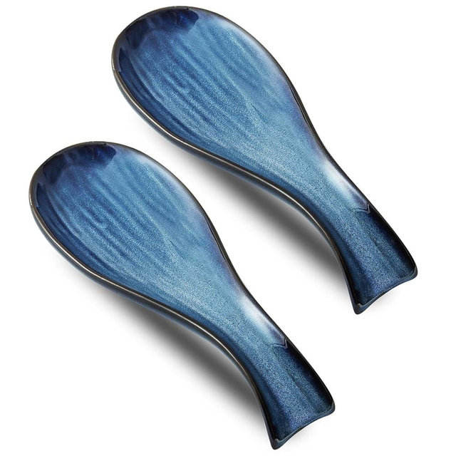 Hasense Ceramic Spoon Rest Set of 2 for Stove Top, Porcelain Spoon Holder for Kitchen Counter Cooking Utensil Home Decor, Kitchen Spatula Holders for Spoons, Ladles and Tongs, Navy
