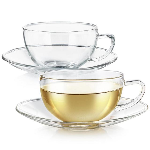 Teabloom Kyoto Teacup and Saucer Set 2-Pack – Medium Size – 8 OZ/ 240 ML Capacity – Crystal Clear Design – Premium Borosilicate Glass – Heat Resistant, Microwave Safe