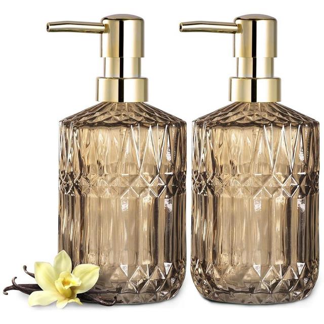 EMPO Clear Glass Soap Dispenser with ABS Plastic Pump, Crystal Lotion Dispensers for Kitchen Sink, Bathroom (2Pack Brown)